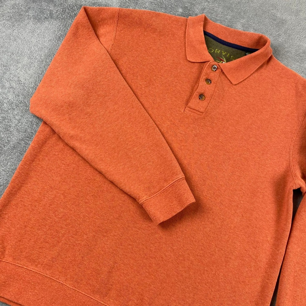 Orvis Men's L Orange Thick Knit Cotton Long Sleeve Polo Shirt Fly Fishing Logo